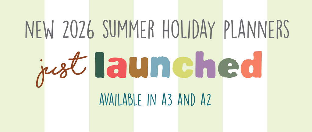 Advertisement for new 2026 summer holiday planners with colorful text on a striped background.
